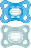 MAM Comfort Succhietto 3-12 mesi (Set da 2), Ciuccio MAM 3-12 mesi in 100% silicone con design unico, Kit da 2 accessori neonato morbidi e leggeri con porta ciuccio sterilizzatore, Azzurro/Neutro