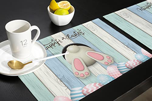 Tretredolin Easter Placemats Set Of 4,Blue Bunny Washable Heat-Resistant Table Mats,Easter Decor For Dinning Table/Kitchen/Holiday Party/Coffee Shop,Indoor & Outdoor Cotton Linen Placemats 13"X19" #TOP4