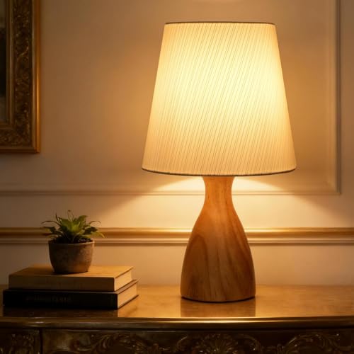 Wood Bedside Table Lamp, White Linen Lampshade with Golden Striped, On-Off Switch, 12.6 Inch Nightstand Lamp for Reading, Bedroom, Living Room, Children's Room, Office, Bulb Included