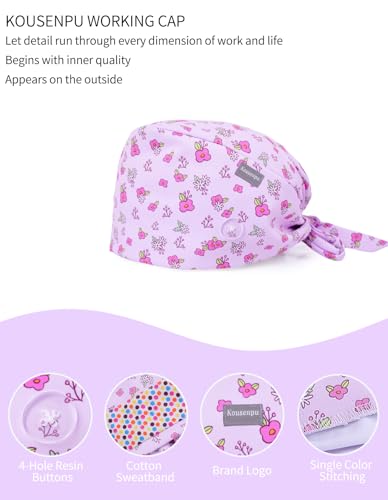Image of Kousenpu Scrub Caps for Women, Adjustable Women's Surgical Cap with Buttons, Breathable Cute Design for Nurses and Doctors