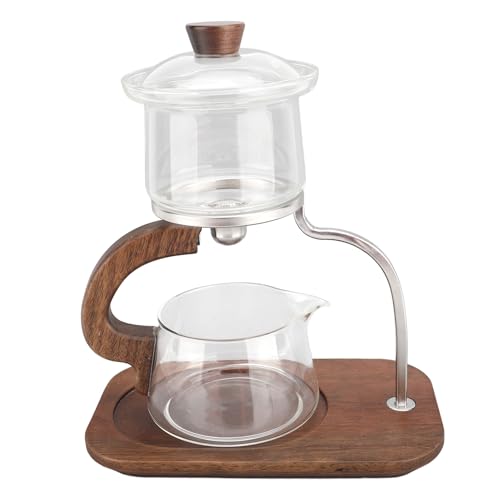 Lazy Kungfu Drip TeaPot, Semi Automatic Glass Teapot Set Tea Maker Glass Teapot Set for Magnetic Water Flows Wooden Glass Teapot Set