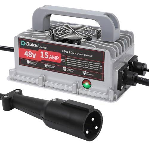 DUKVI 48V 15A Golf Cart Battery Charger for Club Car 3-Pin Round Plug,Smart Charger for Lead Acid Battery, IP67 Waterproof, Multi-Protection