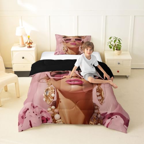 Image of Erosebridal Pink Black Girls Twin Comforter Set Luxury African American Bedding Set for Girls Women Modern Fashion Woman Room Decor Afro Black Woman Duvet Insert (1 Comforter, 1 Pillowcase)
