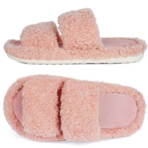 OFFCUP Zapatillas de Estar por Casa para Mujer, 38/39 EU Felpa Punta Abierta Chanclas Pantuflas, Antideslizante Pantuflas Suaves de Peluche con Acogedora Espuma Interior y Exterior (Rosa)