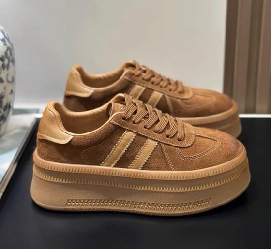 Genuine Leather Chunky Sneakers for Women Round Toe Platform Thick Sole Lace-Up Suede Vintage Trainer Retro Casual Shoes2