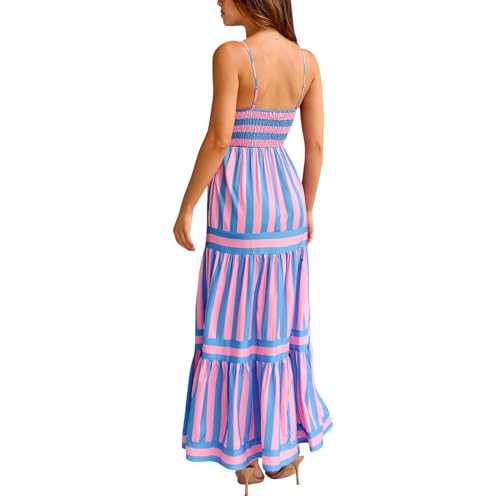 Image of Women Striped Maxi Dress Smocked Backless Spaghetti Strap Long Flowy Dress Sleeveless Boho Aline Sundress