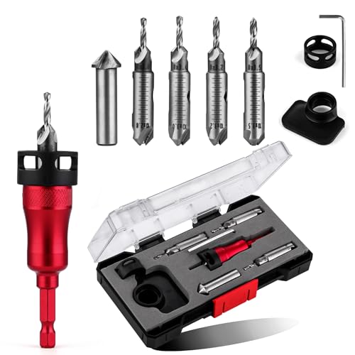 木工用皿穴ドリルセット 4 枚刃高速鋼製 六角軸交換式 穴あけ・面取り・リーマー対応 5 種サイズ付き 延長軸・交換ビット付き DIY 工具セット