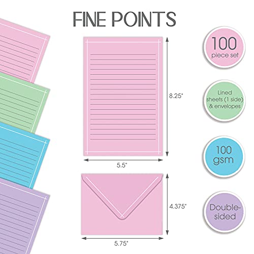 Mini Stationery Set, 100 Piece Set (50 Lined Sheets + 50 Matching Envelopes), 4 Solid Colors, Thin White Border, 5.5 X 8.25 Inch, Double Sided Printing, One Side Lined Paper, By Better Office Products #TOP1