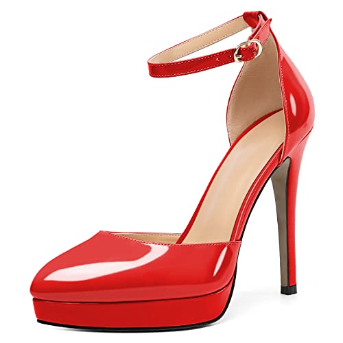 Mettesally Women's Platform Stiletto Pumps Pointed Toe Thin High Heels Ankle Strap Sandals Slip On Wedding Party Shoes