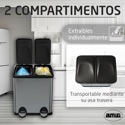 Miniatura 5 de Amig - Cubo De Reciclaje Doble Con Pedales Cubo De Basura Anti-Huellas Para Cocina Acero Inoxidable 2 Compartimentos X 15 L 48 X 32 X 40 Cm Plateado