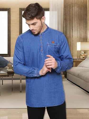 Image of Kuons Avenue Men's Denim Casual Short Kurta | Mandarin Collar | Full Sleeves | Tailored Fit- Stylish Ethnic Wear