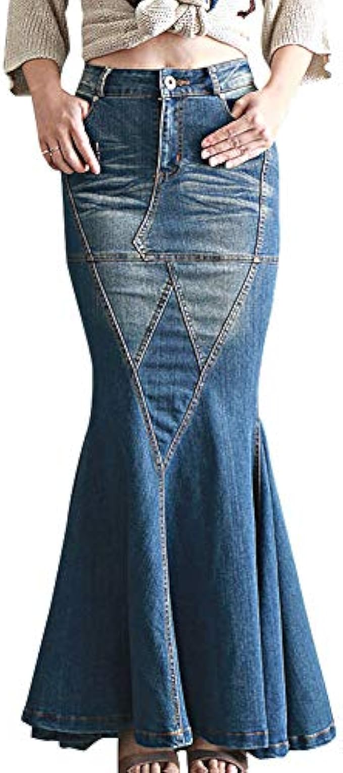 LISUEYNE 女款休閒彈性腰部水洗丹寧荷葉邊魚尾裙長款牛仔裙