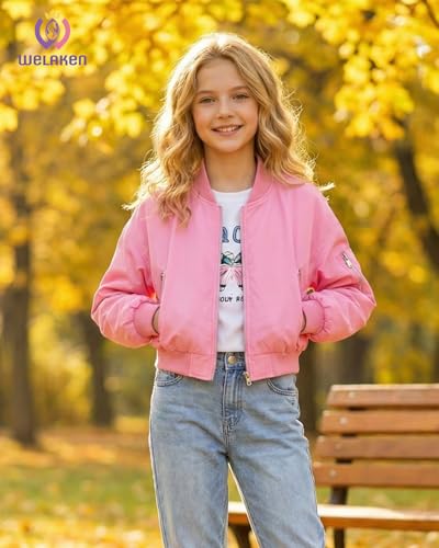 Image of WELAKEN Lightweight Multiple Pockets Zip Up Bomber Jacket for Girls Toddler & Kids II Little Girl's Casual Flight Crop Jacket