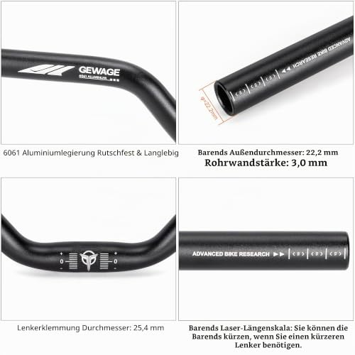 GEWAGE 25,4 mm Fahrradlenker – 620mm Riser-Lenker aus 6061 Aluminiumlegierung, 30/50 /70/90/120mm Rise, 12° Backsweep… – Ansicht 6