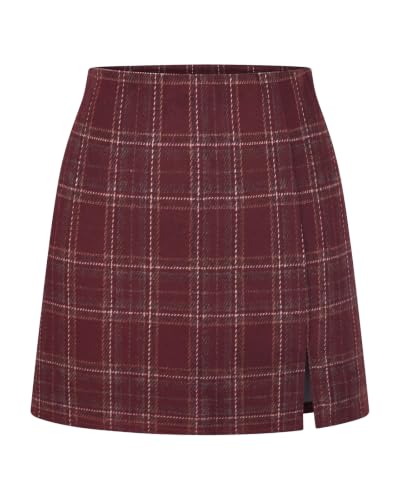 Facogoo Women's Plaid Gingham Mini Skort High Waisted Slit Fall Skirts