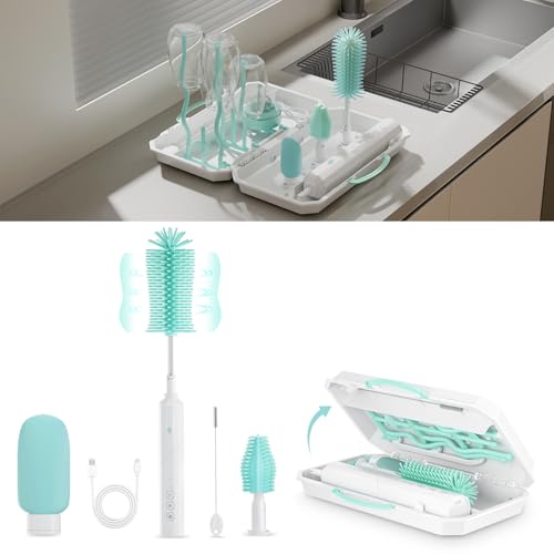 Image of 8-in-1 Electric Baby Bottle Brush Cleaner Set – Rechargeable, 3-Speed, 90° Rotating Handle, Waterproof, with Drying Rack & Travel Case, Green