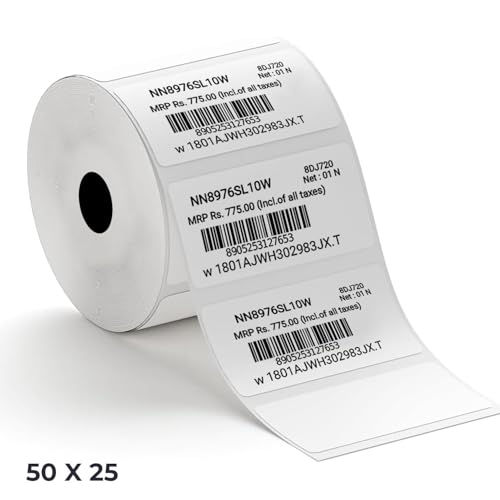 Image of Shreyans Direct Thermal Labels (Pack of 10, 50mm x 25mm) - Non Tearable, Scratch Free, Water Proof & Non Fade Stickers with Permanent Marking - 5000 Labels