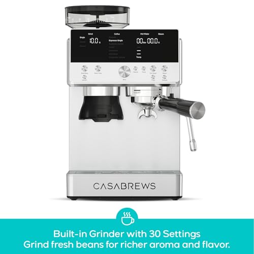 Image of CASABREWS MARENZA Espresso Machine with Built-in Grinder and Steam Wand | Coffee Machine with Milk Frother Steam Wand and LCD Display, Barista-Quality Cappuccino Latte Machine for Home Use