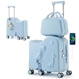 Oakvera Cute Dinosaur Ride-On Luggage Set for Kids, 20' Carry-On Suitcase with 12' Portable Bag, Hardshell Kids Luggage with USB & Type-C Port, Cup Holder, Foldable Footrest, 6 Spinner Wheels Blue