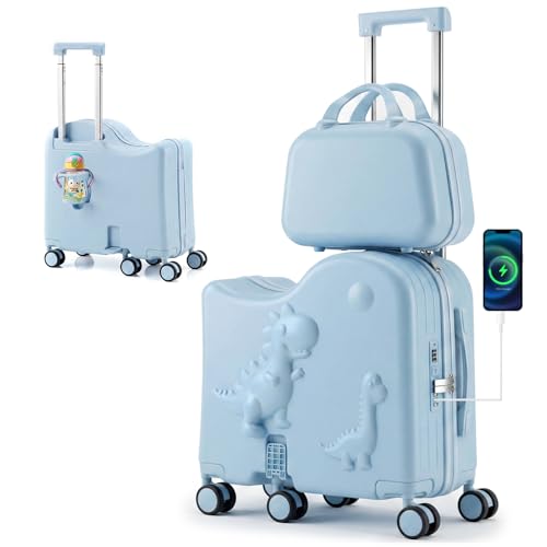 Oakvera Cute Dinosaur Ride-On Luggage Set for Kids 20 Carry-On Suitcase with 12 Portable Bag Hardshell Kids Luggage with USB & Type-C Port Cup Holder Foldable Footrest 6 Spinner Wheels Blue