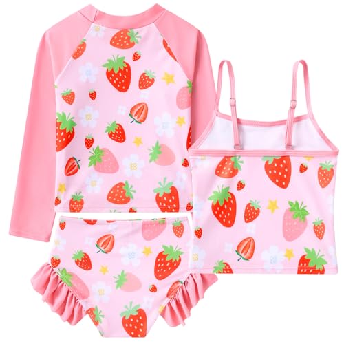 Image of Funnycokid Girls Swimsuit 3 Pieces Long Sleeve Rash Guard Set Tankini Bathing Suits Summer Kids Swimwear 3-10 Years