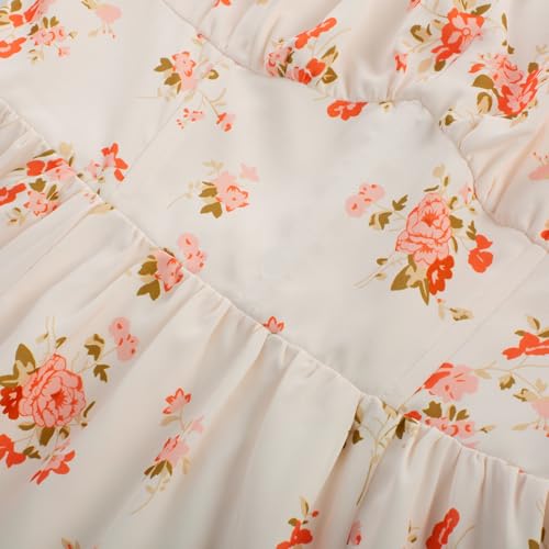 Image of Scarlet Darkness Summer Spring Split Floral Corset Midi Dress with Pockets | Elastic Sleeves, Square Neck, Smocked Back, 3 Boned Waist, Zip & Pockets, Thigh Slit. For Daily, Date, Picnic & Garden Party