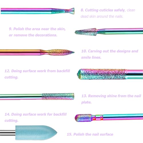 14pcs Nail Drill Bits Set, 3/32\'\' Professional Diamond Carbide Cuticle Remover Drill Bits for Nails, Rotary Burrs Electric Manicure Nail File Bit for Acrylic Gel Nails Cuticle Manicure - Thumbnail 3