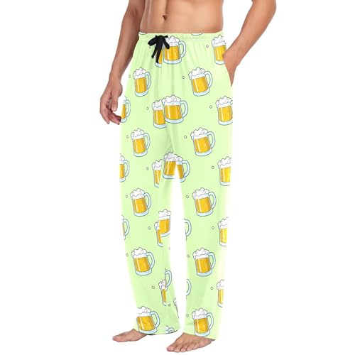 Men's Beer Mugs Pajama Pants with Pockets - Straight Fit Cotton Sleep Bottoms for Lounge & Nightwear#1394