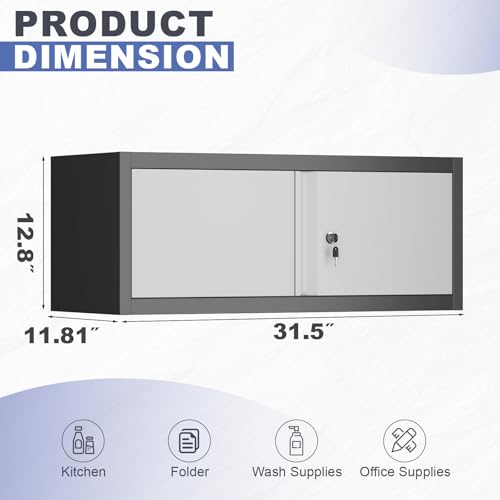 Image of Metal Garage Storage Cabinet, Locking Cabinet Wall Mounted, 13 inch H Floating Cabinet for Warehouse, Upper Tool Cabinet for Home Office, Basement, Kitchen, RV Organization