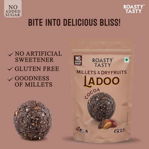 Image of Roasty Tasty Cocoa - Millets & Dryfruits Ladoo | No Added Sugar | Energy Bar Replacement | No Artificial Flavor | Healthy Snacks | Rich in Fiber & Proteins | Dry Fruits, Seeds & Nuts Mithai | Pack of 2 (120g each)