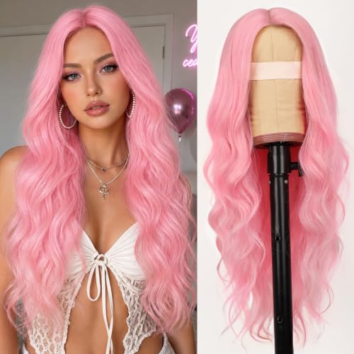 Image of AISI HAIR Pink Wig for Women, Long Wavy Lace Hairline Middle Part Synthetic Wig for Daily Party-26 Inch