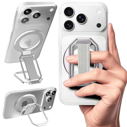 Image of Multi-Functional Magnetic Phone Grip Kickstand for MagSafe, Phone Holder for Hand, Foldable Ring Stand with Finger Loop Strap for Bedtime Scrolling & On-the-Go, Wireless Charging Compatible, Silver