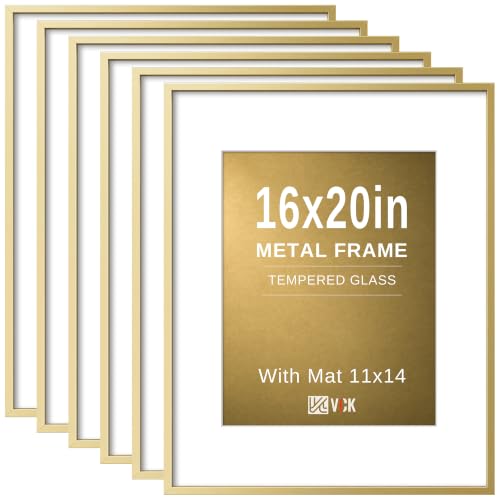 Image of VCK 16x20 Frames Gold Metal, Real Glass, 11x14 Mat, Set of 6, for Picture
