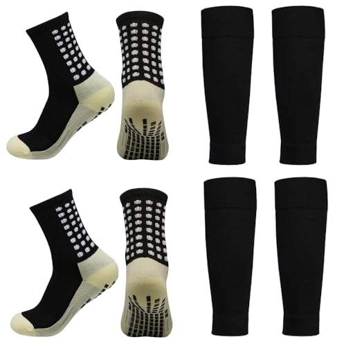 BUKEORE 2 Set Anti-slip Grip Soccer Socks with Shin Guard Sleeves, Sports Athletic Socks for Men Women, 2 Set -Black, One Size