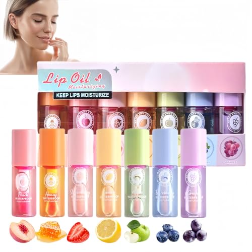 7PCS Hydrating Lip Oil Set,Mini Lip Oil Set with Magic Color Changing L/ip Gloss & Deep Moisturizing Balm,Fruity Flavored,Clear & Non-Sticky Gloss,Multi-Purpose L/ip Care & Makeup Gift