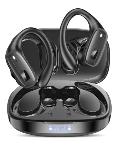 Image of LEEMC Wireless Ear Buds Bluetooth Headphones Over Ear Hooks 80H Playtime for Sports with Power Display Case Hi-Res Sound Ebony