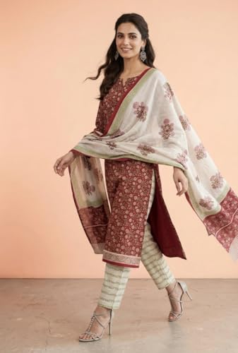Image of Eddika women unstitched hand block printed cotton suit set with mulmul dupatta ehbpcswmd0120P