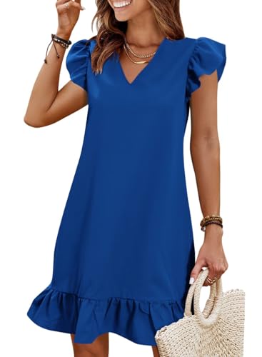 Image of QACOHU Spring Summer Dresses for Women 2026 V Neck Cap Sleeve Ruffle Hem Smock Short Casual Beach Dress