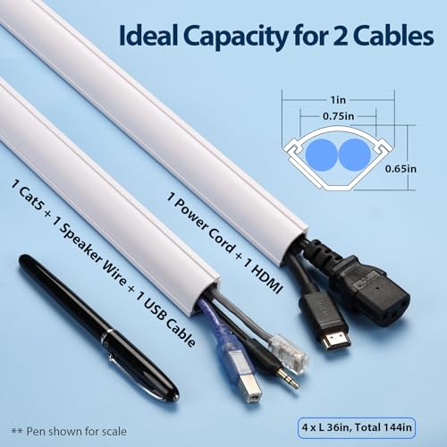 Image of ZhiYo Corner Cable Hider for 2 Cords, Hide Wires in Wall Corners 12ft White | 4 Pack (3ft Each), Self-Adhesive Cable Concealer, Quarter Round Cable Management Raceway for Baseboards & Ceiling Corners