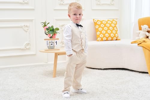 Image of ARTMINE Toddler Boy Clothes Suit Gentleman Wedding Outfits, Formal Dress Shirt+Bowtie+Vest+Pants