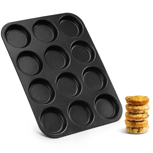 Image of E-far 12-Cavity Muffin Top Pan, 3 Inch Nonstick Shallow Cupcake Pan for Yorkshire Pudding, Eggs, Whoopie Pie, Cornbread, Easy Release & Clean, Standard Size