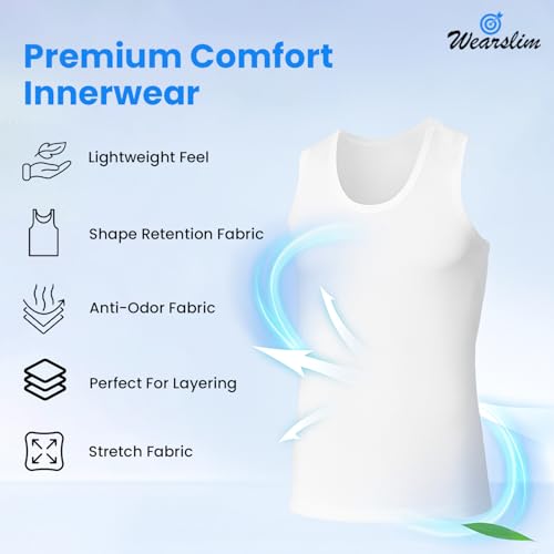 Image of Wearslim Premium Round Neck Super Combed Ultra Soft Cotton Vest for Man, Slim Fit Sleeveless Tank Tops Undershirts for Men with Extended Length for Easy Tuck