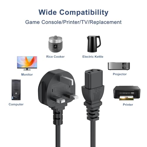 1.5M/5FT UK Plug 13A 250v Power Cable 3 Prong Power Cord for Ps3 Computers,TVs,Monitors,LG LED LCD Smart 1080p HDTV,Samsung,Acer,Epson Printer AC Cable,IECC13 to BS1363 3 Foot Kettle Lead Cord - Image 3