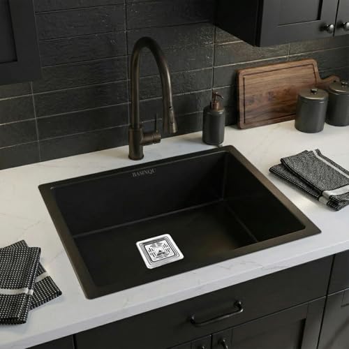 Image of BASINQU Kitchen Sink 24x18x10 Inch Black Handmade Single Bowl Sink for Kitchen Basin Brushed Matte Finish 304 Grade Stainless Steel Including Coupling Fruit Tray Hose Pipe Kitchen Sinks