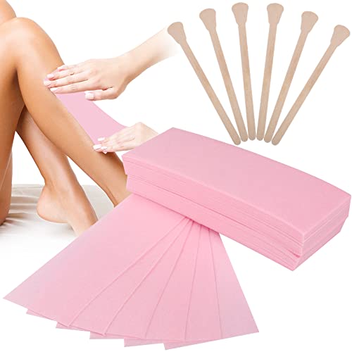 100 Pcs Bande de Cire Epilation, Bandes de Cire non Tissée Cire Bande de Papier Professionnel Paper Waxing Strips avec 20 Pcs Spatule Bois Epilation pour Visage Corps Mains Jambes (Rose) Cover