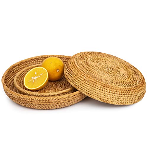 Small Wicker Fruit Baskets for Serving Food Vegetable Storage Countertop Decorative Kitchen Wall Plates Woven Bowl Chip Rattan Hanging Round Display Basket Fruit Trays For Decor Gift Baskets Empty (Honey Brown)