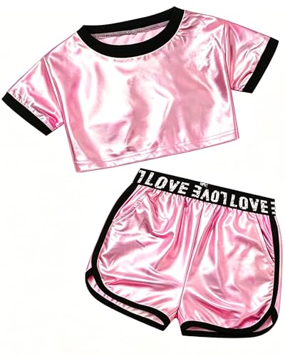 Image of Betusline Girls Summer 2 Piece Outfits,Kids Short Sleeve Crop Top & Shorts Set with Side Pockets