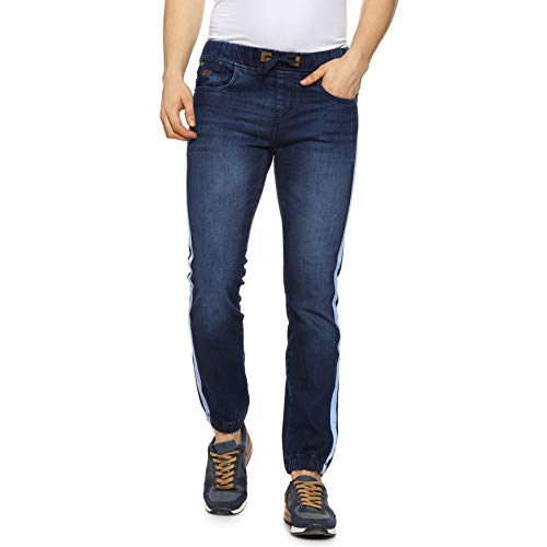 Image of CAHOOT Men' Denim Jeans for Regular Wear Blue Dark Wash Self Patterned Slim Fit Jeans Crafted with Comfort Fit and High Performance for Everyday Casual Wear