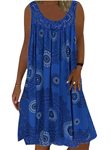 Minetom Sommerkleid Damen Rundhals Spitze Druck Strandkleid A-Linie Kleid Knielang Tunika Kleider Ärmellos T-Shirt Kleid A Blau XXL