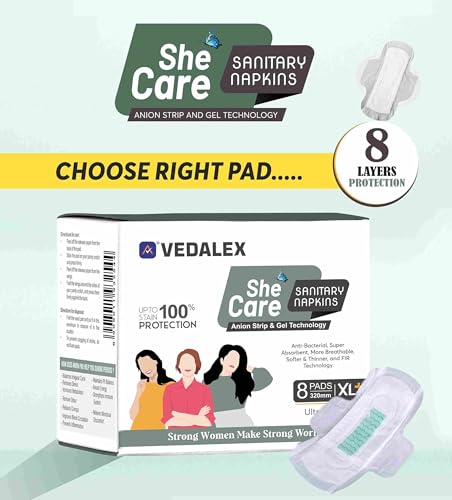 Image of VEDALEX She Care Sanitary Napkins XL+ 320mm | Ultra Clean Pads for Heavy Flow & Night Use | Anti-Bacterial, Super Absorbent & Breathable | Soft & Thin | 8 Pads Pack